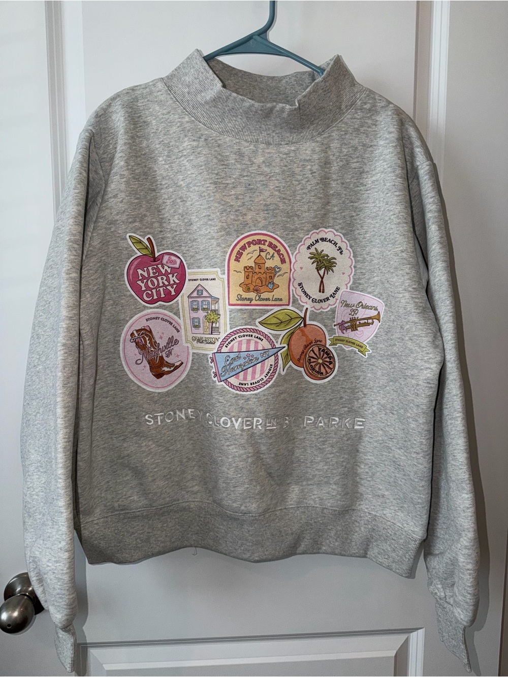 Authentic Parke x Stoney Clover Lane Sweatshirt Postage Patch Grey Mock Neck S L - Picture 4 of 11